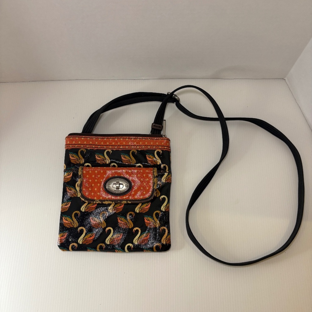 Vtg Fossil Key-Per Limited Edition Swan Pattern Canvas Shoulder Crossbody BagY2K
